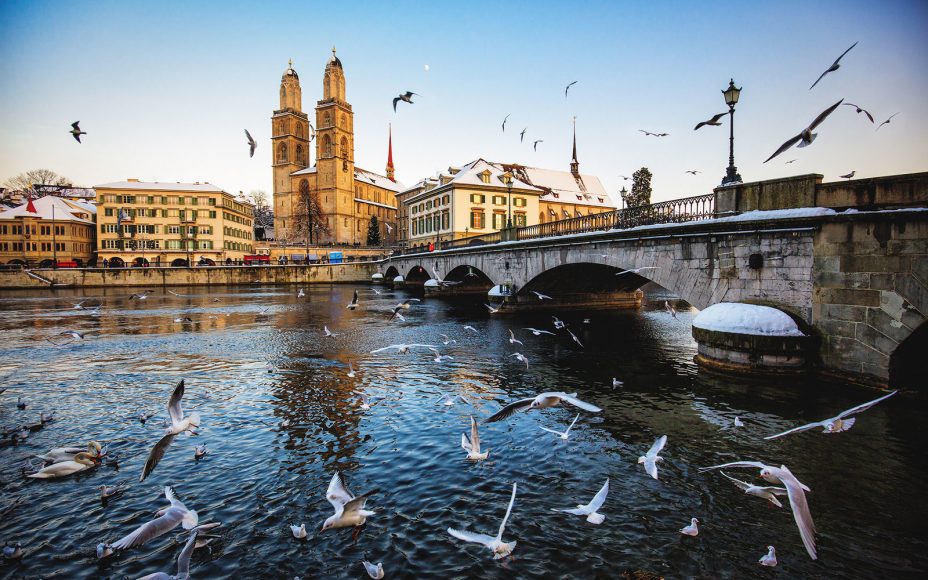 Zurich Grossmunster in Winter with Birds flying.